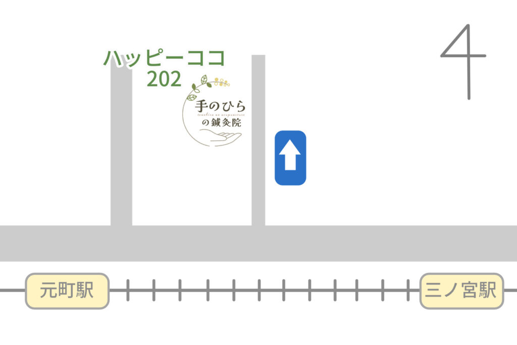 元町駅・三ノ宮駅から
手のひらの鍼灸院までの道のりの地図